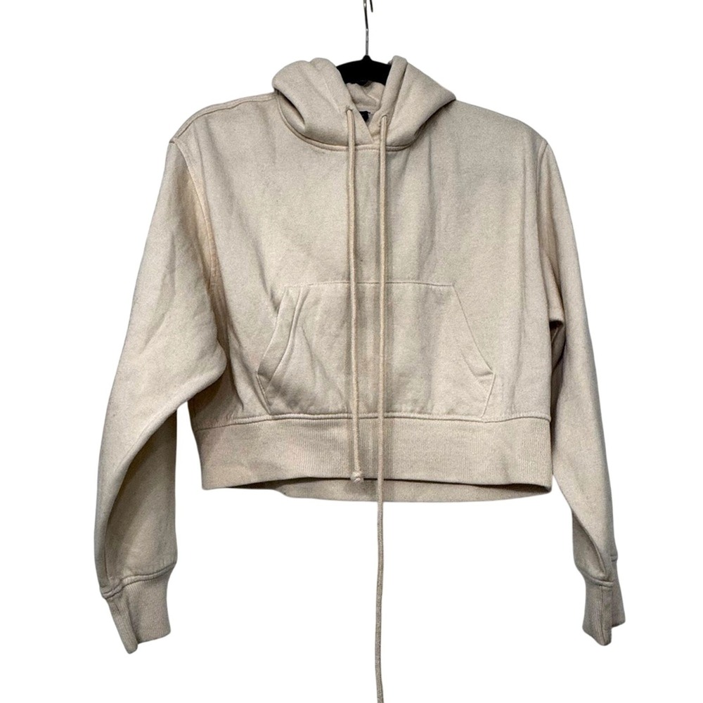Zara Women's Cream Cropped Hoodie Sweatshirt Size Medium Minimalist Streetwear